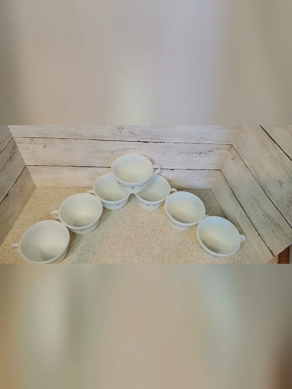 Vintage Pyrex Corning Morning Blue Morning Star Coffee Cups Set of 7 Milk Glass